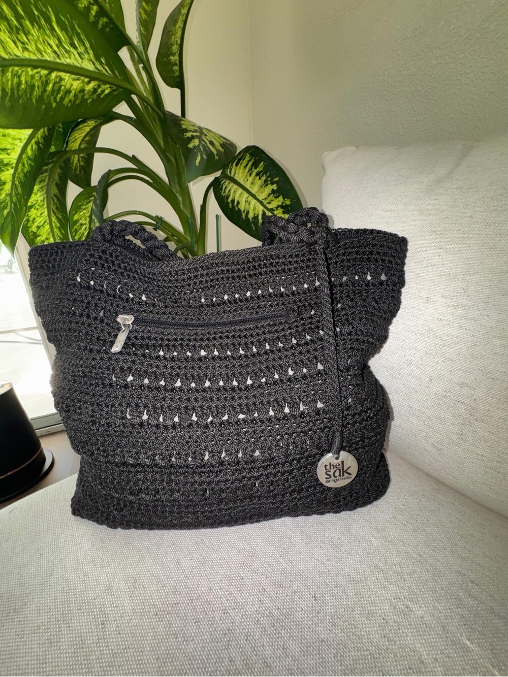 Vintage The Sak Black Crochet Black Woven Tote Boho Granny Shoulder Bag Purse - Picture 5 of 15